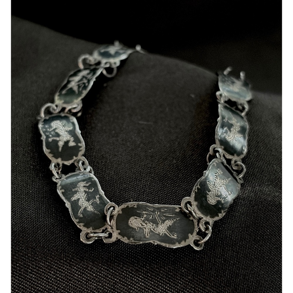 Vintage Siam Sterling Silver Niello Panel Link Bracelet Thai Goddess Mekkala 925